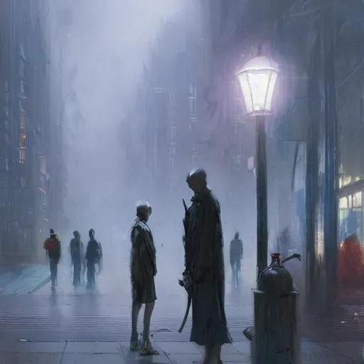 Image similar to a some people waiting in a lone bus stop in quiet dark city night, digital illustration by Ruan Jia and Mandy Jurgens and Artgerm and Wayne Barlowe and Greg Rutkowski and Zdislav Beksinski, high quality, high resolution,detailed