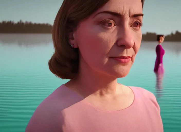 Image similar to cinematic mid shot of a high detail, refined woman's face looking off camera. fine facial features. she stands in an empty, pastel colourful 3 d, lake scene, shallow depth of field, floating in the sky, by jeffrey smart and gregory crewdson and edward hopper, inspired by the grand budapest hotel