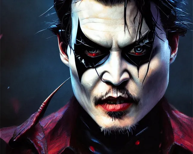 Image similar to highly detailed portrait of johnny depp as the batman who laughs, in mortal kombat 1 1, stephen bliss, unreal engine, fantasy art by greg rutkowski, loish, rhads, ferdinand knab, makoto shinkai and lois van baarle, ilya kuvshinov, rossdraws, tom bagshaw, global illumination, radiant light, detailed and intricate environment