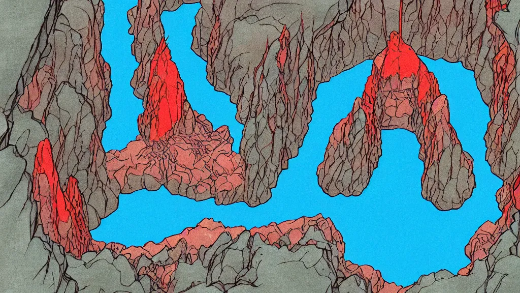 Prompt: Aerial view of a wizard tower surrounded by a blue cave, a red cave, a blue mine and a red mine, lineart, colored