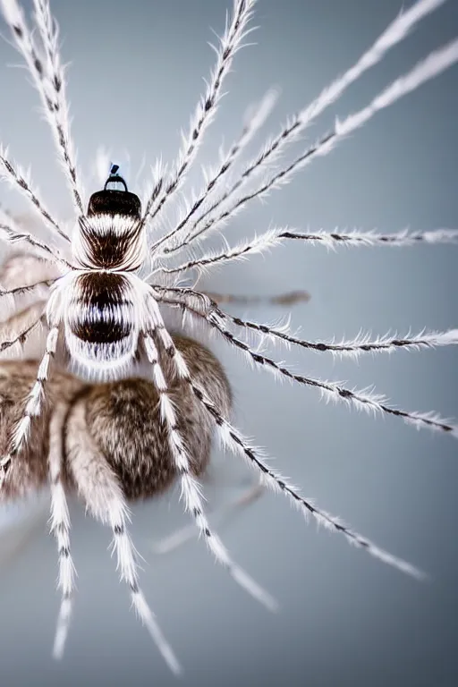 Prompt: high quality macro photo fluffy white spiders! gorgeous highly detailed hannah yata elson peter cinematic lighting high quality low angle hd 8k sharp shallow depth of field