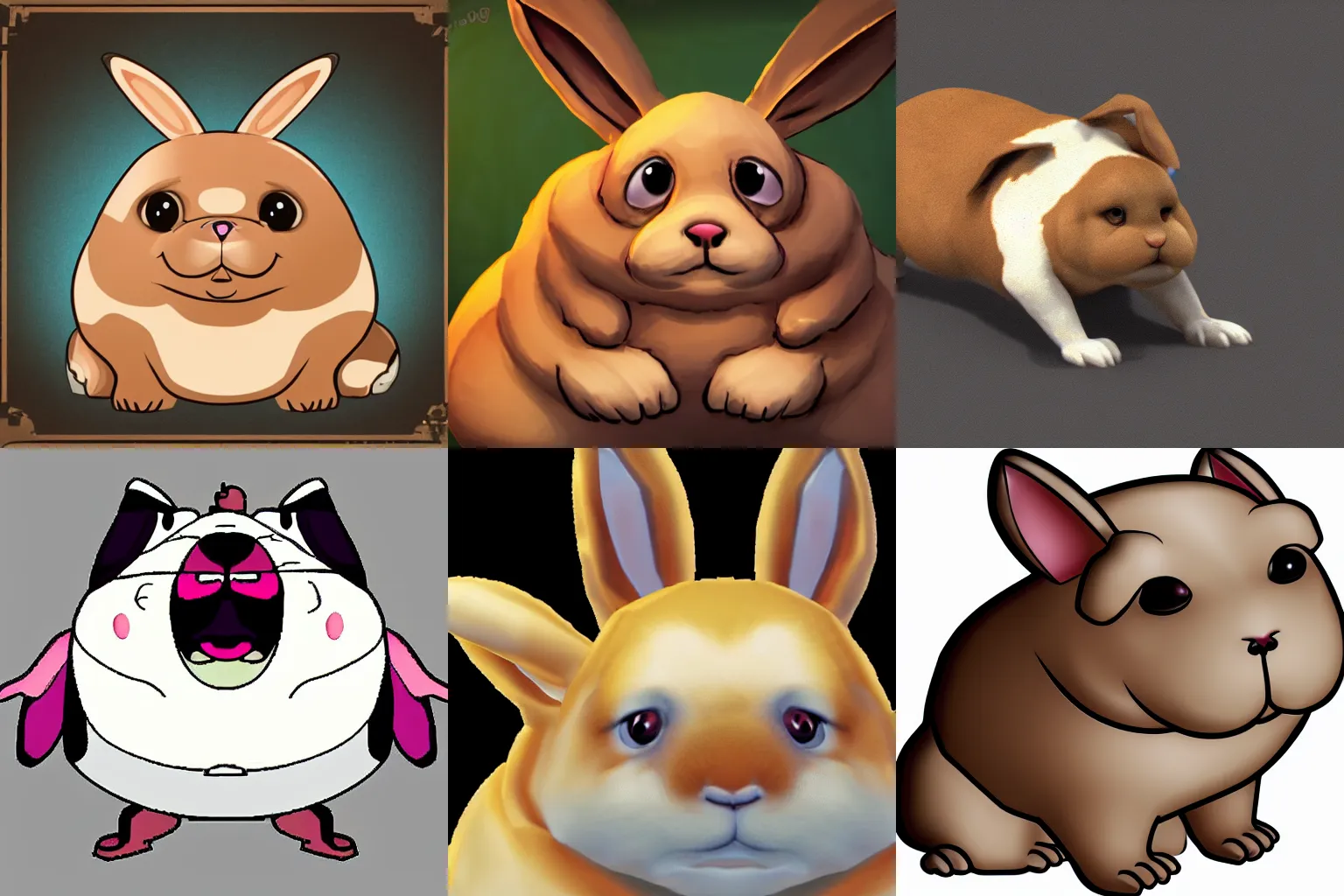 Prompt: A fat rabbit dog with huge eyes, game art