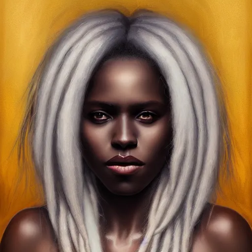 Image similar to a detailed matte oil on canvas head on symmetrical portrait of black skinned woman with long white hair, clothed by charlie bowater, lise deharme, wlop, trending on artstationhd, dungeons and dragons art critical role