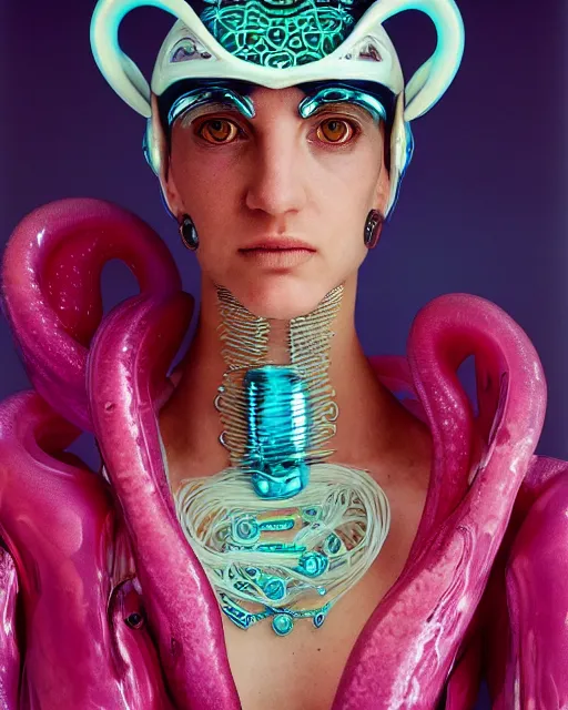 Image similar to natural light, soft focus portrait of a cyberpunk anthropomorphic squid with soft synthetic pink skin, blue bioluminescent plastics, smooth shiny metal, elaborate ornate head piece, piercings, skin textures, by annie leibovitz, paul lehr