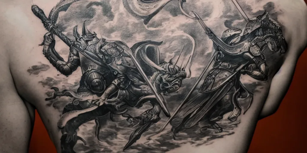 Prompt: A monochrome tattoo depicting a plated knight holding a lance looking toward the horizon toward a three headed dragon, 4k