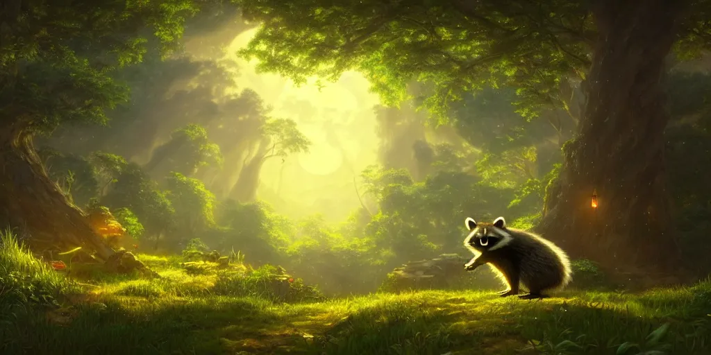 Image similar to raccoon, nature unique attractive, beautifully lit, by studio ghibli and albert bierstadt, 8 k volumetric lights unreal engine trending on art station