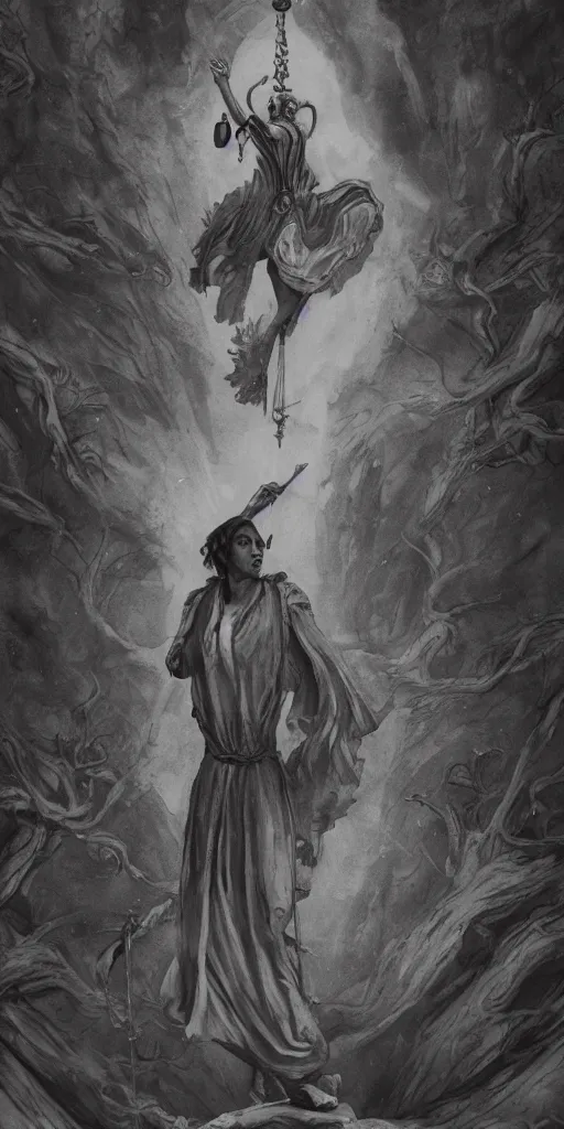 Image similar to The Fool Tarot illustration, matte painting, black and white