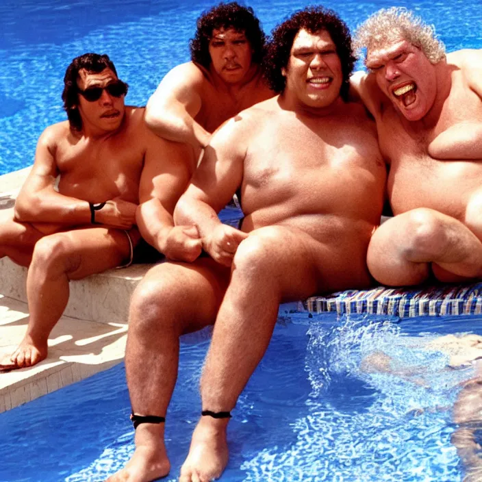 Image similar to andre the giant wearing a sequin speedo sitting by the pool with a goat and genghis khan from the movie bill & ted's excellent pool party, movie still, 8 k, realistic