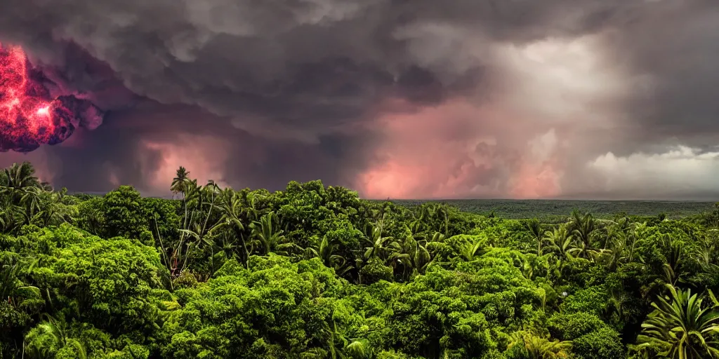 Prompt: atomic blast over a Hawaiian villa in the middle of an tropical forest, ominous Sky, gloomy atmosphere, cinematic, mist, High definition, 8k, ultra detailed