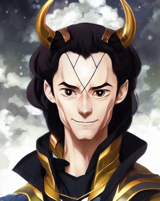 Image similar to anime portrait of Loki as an anime man by Stanley Artgerm Lau, WLOP, Rossdraws, James Jean, Andrei Riabovitchev, Marc Simonetti, and Sakimichan, trending on artstation