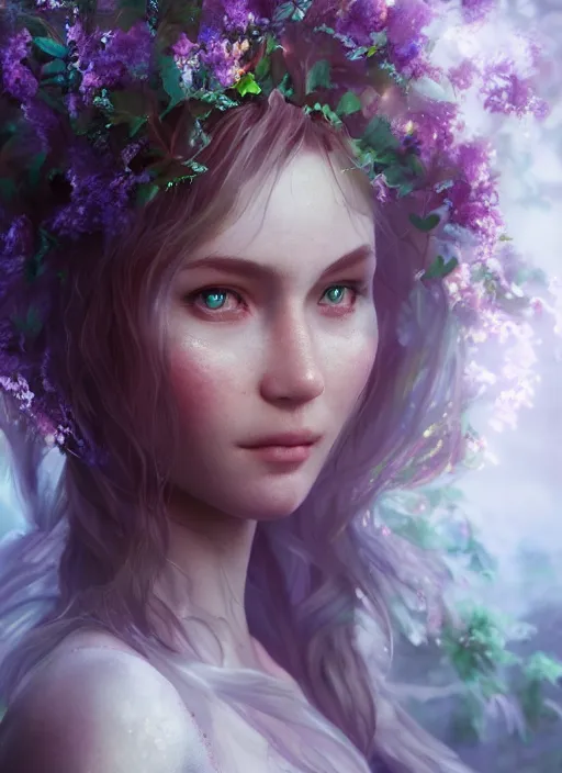 Image similar to portrait of a gorgeous fairy princess of the forest, 8k render, ultra realistic, cinematic lighting, artstation, Annie Leibovitz, artgerm