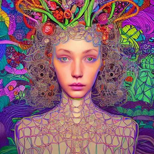 Image similar to the portrait of an unbelievably beautiful woman partially made of onions of all colors, an ultrafine detailed illustration by james jean, final fantasy, intricate linework, bright colors, behance contest winner, vanitas, angular, altermodern, unreal engine 5 highly rendered, global illumination, radiant light, detailed and intricate environment