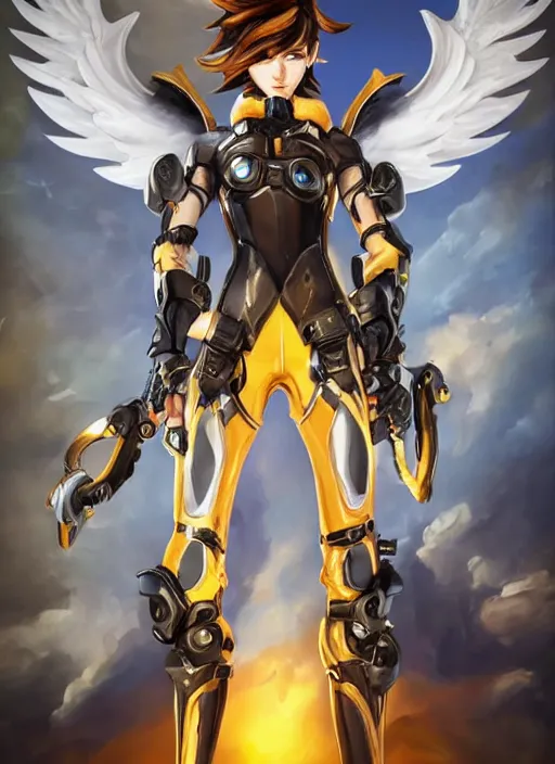 Image similar to full body oil painting of tracer overwatch, angel wings, dramatic painting, symmetrical composition, wearing gold detailed choker, golden cuffs, black shiny armor, detailed face and eyes,