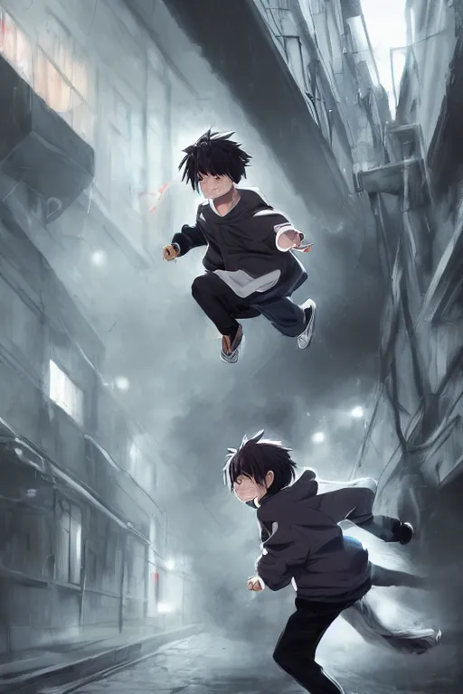 Image similar to anime teen boy with messy white hair wearing a hoodie running from police pursuit in an alleyway, concept art, wlop, digital painting, trending on artstation, highly detailed, epic composition, official media, 8 k uhd