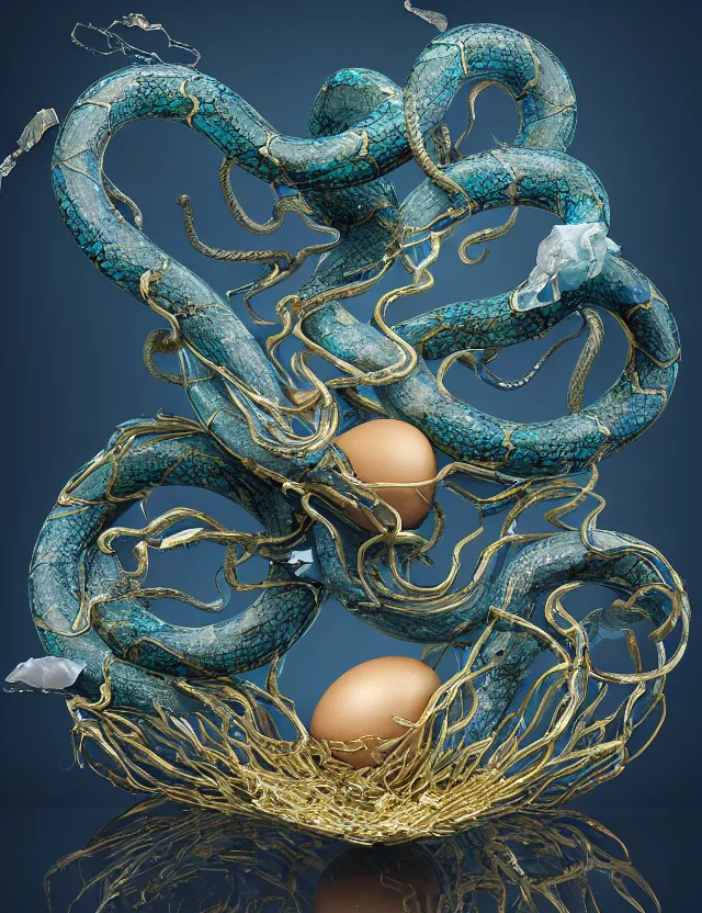 Image similar to a photo of a sculpture of snakes with wings made from blue and emerald and amethyst crystal geode formations encircling a marble egg on a base of obsidian made with liquid gold tendrils flowing by ellen jewett by stanisław szukalski, octane render, recursive, tendrils, elestial crystals, geode, refracted light