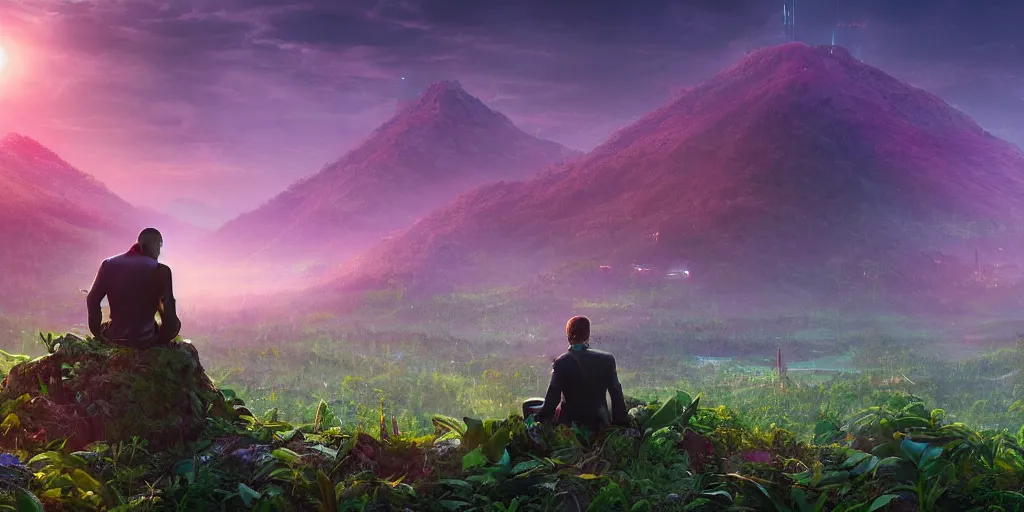 Image similar to a cinematic composition depicting : a computer run lush civilization encroaching on a degrading cyberpunk world, on top of the mountain a mysterious man sits in a lotus pose using his transformative energy to transition to a hopeful and lush foresty solarpunk valley at sunrise