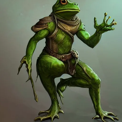 Image similar to D&D character concept art of anthropomorphic frog, green skin color, medieval clothes, soft colors, fantasy, intricate, highly detailed, digital painting, artstation, concept art, smooth, sharp focus, illustration, wide angle shot, full body visible, art by artgerm, by rutkowsky, by bowater