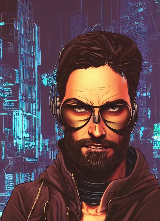 Image similar to dangerous Ezra. smug cyberpunk hacker with a beard and cyberpunk eyepiece. attractive face. Realistic Proportions. Concept art by James Gurney and Laurie Greasley. Moody Industrial skyline. ArtstationHQ. Creative character design for cyberpunk 2077.