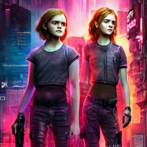 Image similar to emma watson and sadie sink in cyberpunk style digital art very detailed 4 k detailed super realistic