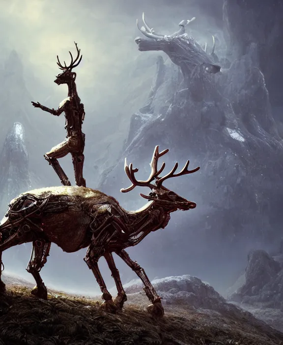 Prompt: a cybernetic reindeer standing on a hilltop, by hr giger and beksinski and stephan martiniere, 4 k resolution, detailed, 3 d render, unreal engine, octane render, trending on artstation