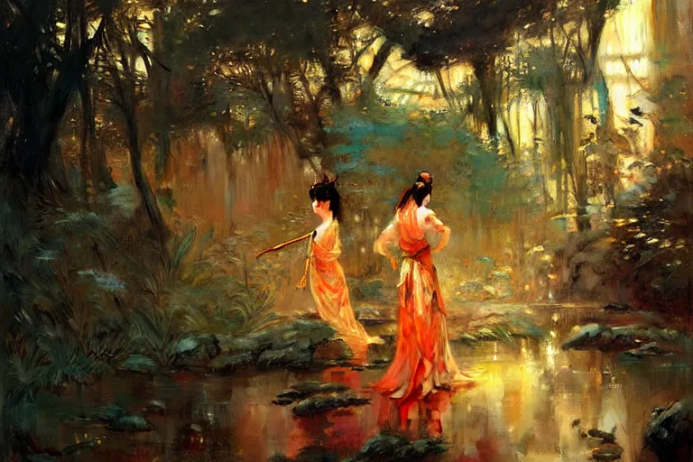 Image similar to wuxia, forest, neon light, painting by gaston bussiere, craig mullins, j. c. leyendecker