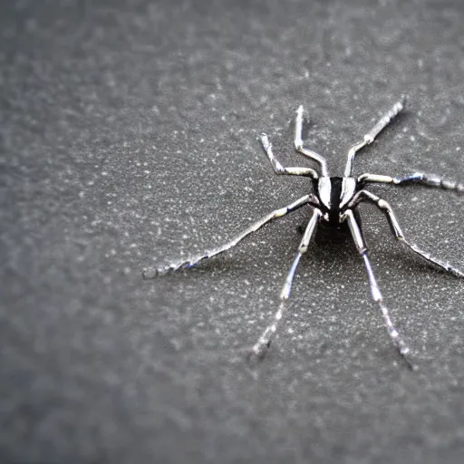 Prompt: macro photograph of a miniature mechanical spider made of silver, flickr