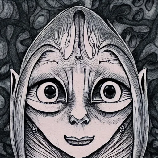 Image similar to beautiful wise goblin with giant soft dreamy eyes. Fine detailed colored ink drawing blotter art.