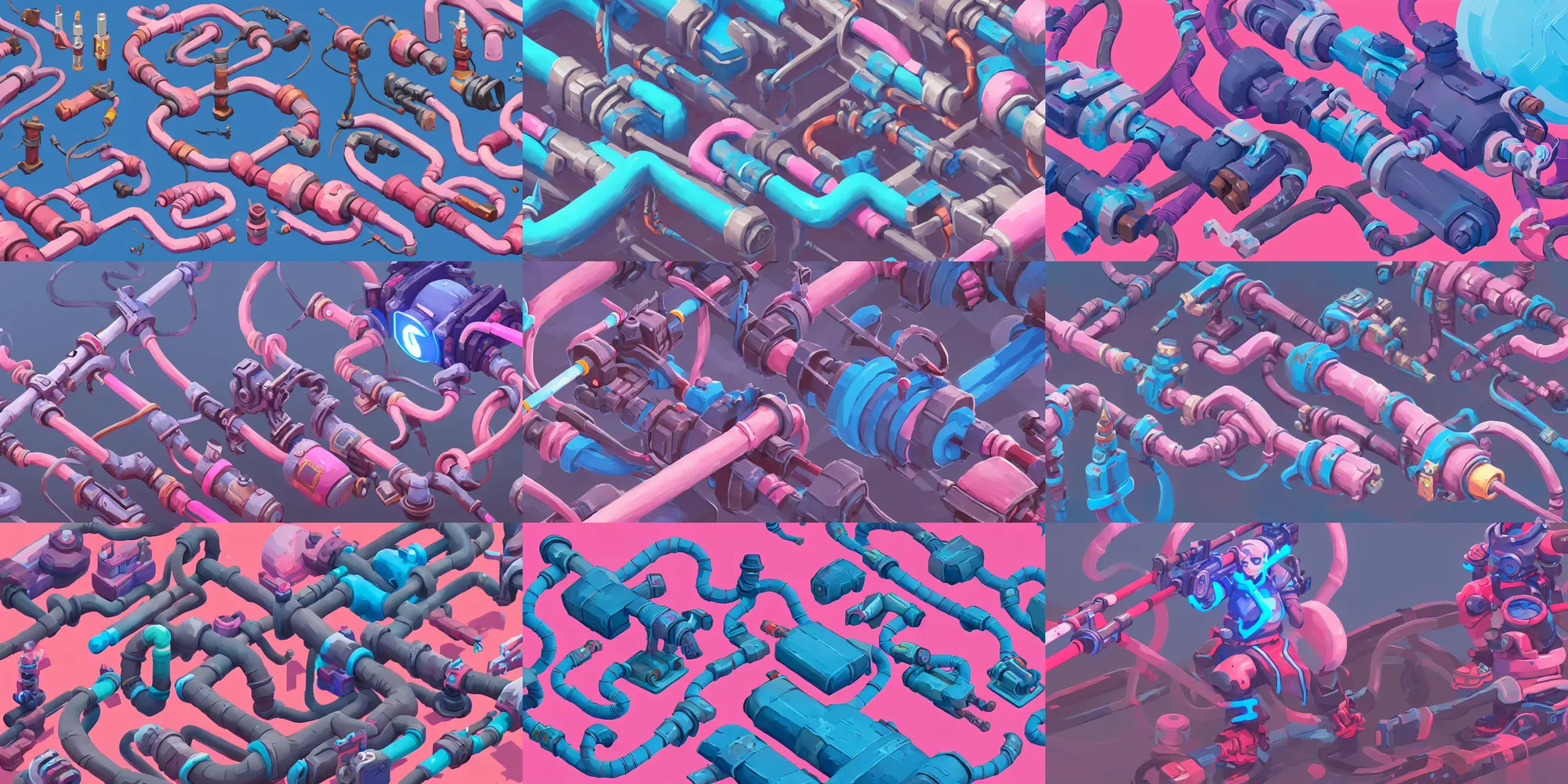 Prompt: game asset of cables and pipes, in gouache detailed paintings, props, stylized, 2 d sprites, kitbash, arcane, overwatch, blue and pink color scheme, 8 k, close up