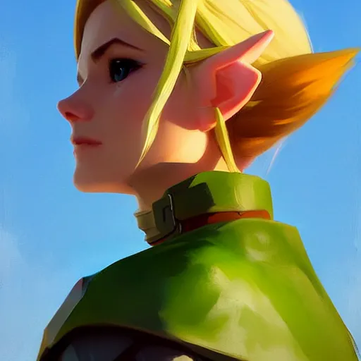 Prompt: portrait of a female Link from Legend of Zelda, medium shot, asymmetrical, profile picture, Organic Painting, sunny day, Matte Painting, bold shapes, hard edges, street art, trending on artstation, by Greg Manchess and Huang Guangjian and Loish and Gil Elvgren and Sachin Teng