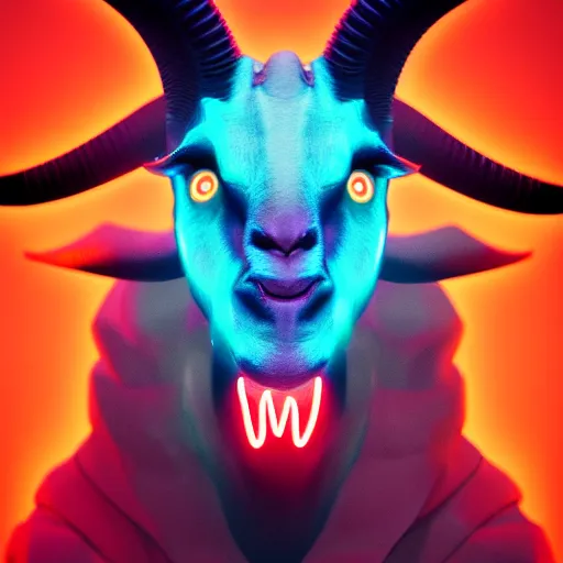 Prompt: synthwave demonic goat face with neon horns, detailed face, sharp focus, synthwave art, aesthetic, octane render, raw, cinematic, chromatic material