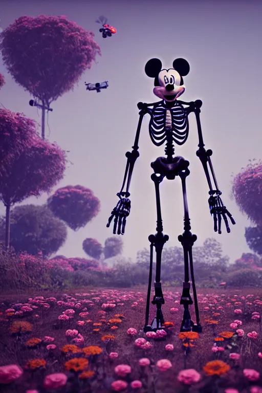 Prompt: a skeletal, mickey mouse made out of flowers and bones, walking with a robot, in the cyberpunk countryside, drones flying by beeple, nychos and arcimboldo, cinematic lighting, highly detailed octane render