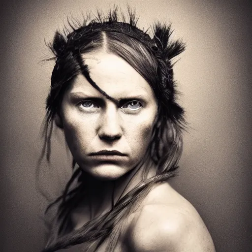 Image similar to Award Winning Portrait of a prehistoric weathered English Female with beautiful eyes wearing pelts and a leather headband by Lee Jeffries, 85mm ND 5, perfect lighting,