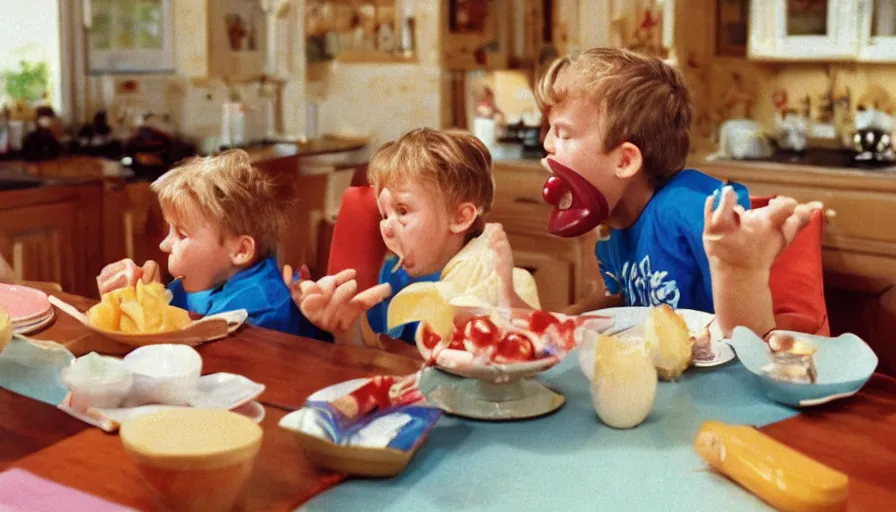 Prompt: 1990s candid 35mm photo of a beautiful day in the family kitchen , cinematic lighting, cinematic look, golden hour, Nintendo's Kirby is eating the family sofa, kids are crying, the Sofa is in Kirby's mouth, UHD