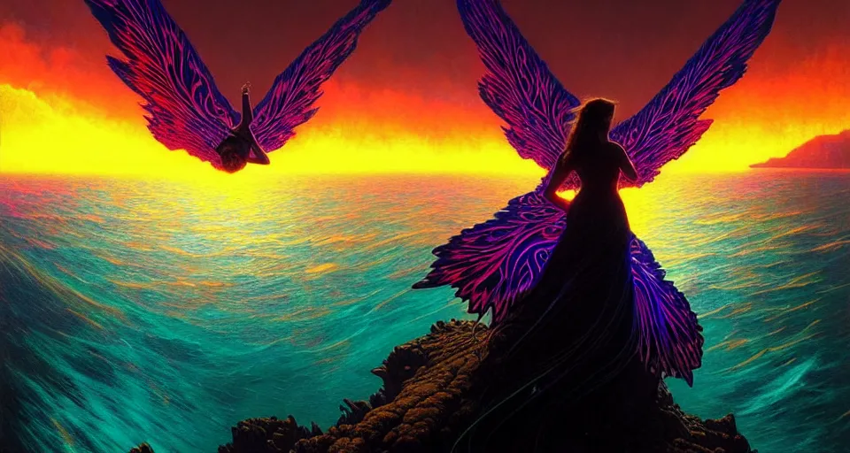 Image similar to psychedelic tron wings in front mind bending sunset, cliffside ocean scene, backlit, aesthetic, surreal, diffuse lighting, hyper realistic, elegant, intricate, hyper detailed, smooth, sharp focus, concept art, illustration, trending on artstation, art by artem demura, greg rutkowski, james gurney, and alphonse mucha