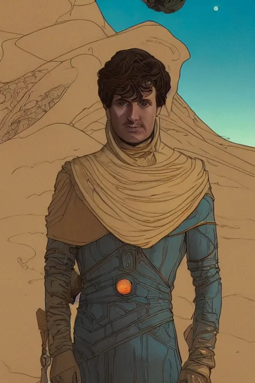 Prompt: frank herbert's dune themed majestic paul atreides blue eyed fremen prophet sketch by sachin teng, moebius, artgerm, alphonse mucha, masterpiece, intricate organic painting, matte painting, futuristic geometrical drawing shapes, desert ambience, hard edges, cinematic character art movie poster by drew struzan, graffiti, street art by sachin teng