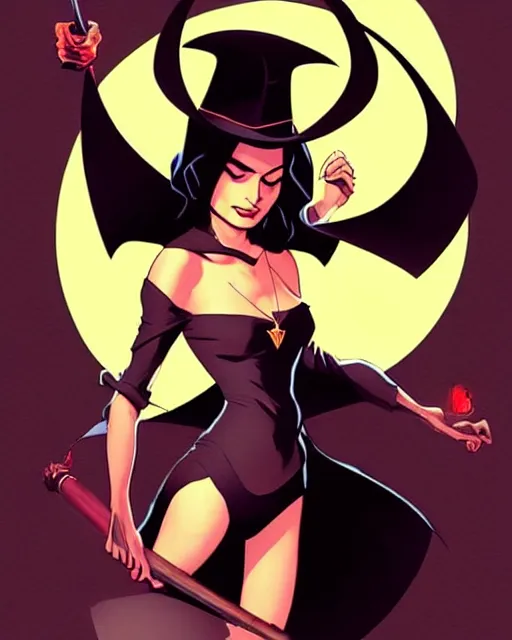 Image similar to style of mike mignola, artgerm : : gorgeous willa holland : : evil witch, swirling black magic, black dress : : symmetrical face, symmetrical eyes : : full body pose : : gorgeous black hair : : magic lighting, low spacial lighting : :