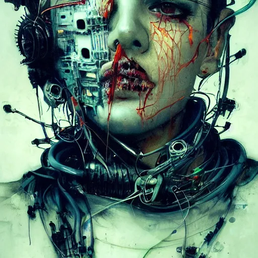 Image similar to a lost male cyberpunk hacker, skulls, wires cybernetic implants, machine noir dieselpunk grimcore, in the style of adrian ghenie esao andrews jenny saville surrealism dark art by james jean takato yamamoto and by ashley wood