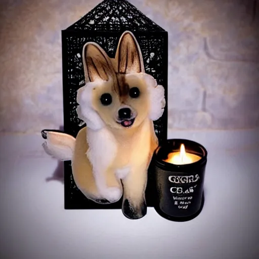 Image similar to gothic cathedral, finely detailed corgi wearing goth makeup, candles, smoke, glow