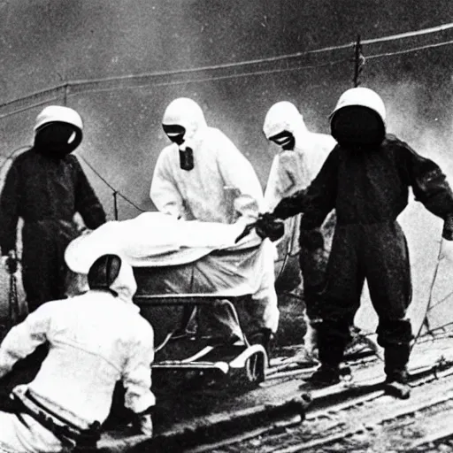 Image similar to old black and white photo, 1 9 1 3, depicting scientists in hazmat suits removing an alien biomechanical corpse on a bridge, historical record, volumetric fog