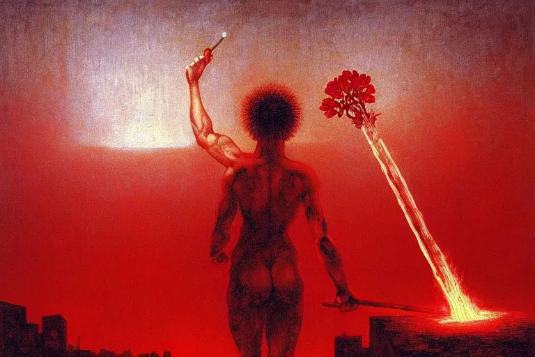 Image similar to only with red, a red melted apollo with a laurel wreath and a flaming sword announce the win, athens in the background, in the style of beksinski, part by hopper, part by rodcenko, part by hofbauer, intricate composition, red by caravaggio, insanely quality, highly detailed, masterpiece, red light, artstation