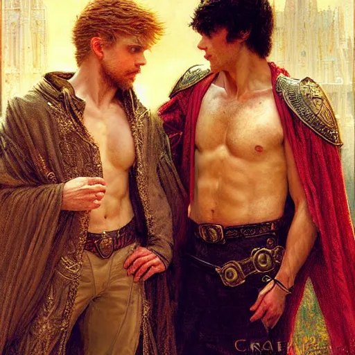 Image similar to attractive arthur pendragon with attractive male merlin the mage. they are in love. highly detailed painting by gaston bussiere, craig mullins, j. c. leyendecker