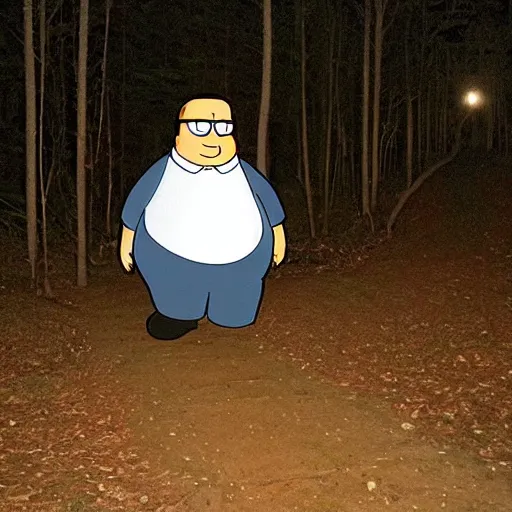 Prompt: night photo of peter griffin caught by trail cam