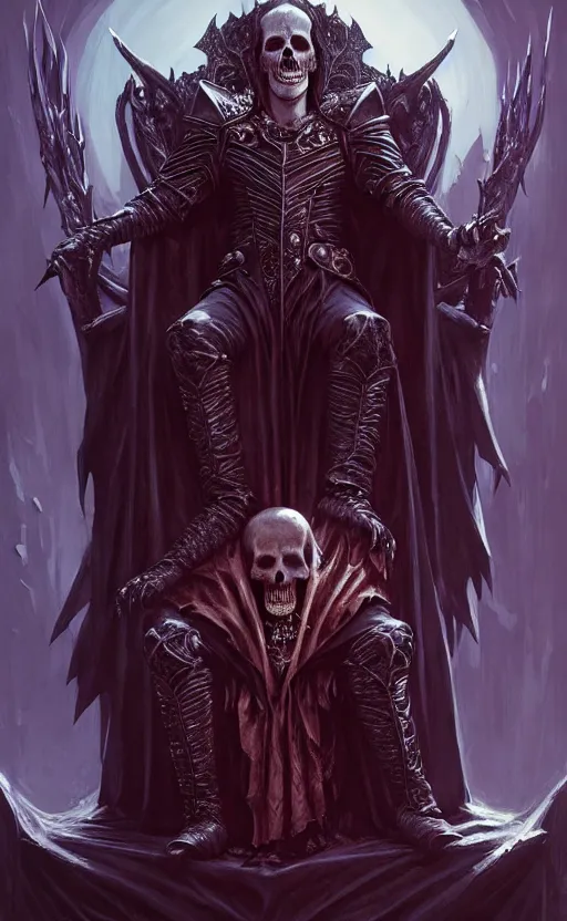 Image similar to desirable Vampire lord sitting on a skull throne, undead knights around her, fantasy, intricate, elegant, highly detailed, digital painting, artstation, concept art, matte, sharp focus, illustration, art by artgerm and Greg Rutkowski, dreadjim, zeen chin