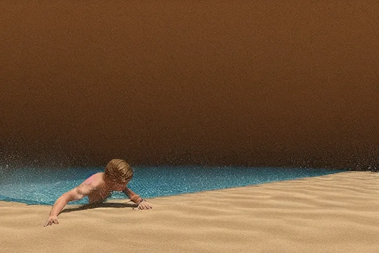 Prompt: “anakin skywalker diving into a pool full of sand, 8k, digital masterpiece, wind blown sand”