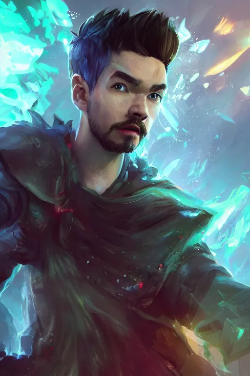 Image similar to a portrait of the YouTuber jacksepticeye in the style of league of legends arcane by Greg Rutkowski, Sung Choi, Mitchell Mohrhauser, Maciej Kuciara, Johnson Ting, Maxim Verehin, Peter Konig, final fantasy , mythical, 8k photorealistic, cinematic lighting, HD, high details, atmospheric,
