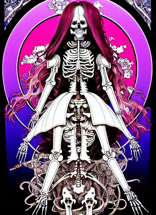 Image similar to highly detailed terada katsuya artstation ayami kojima manga poster of princess mechine as vampire skeleton, rainbow gradient reflection, long hair, armor, dress, laces, ruffles, 8 k, maximalist,, jump comics, tomer hanuka, alphonse mucha