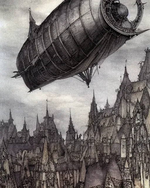 Image similar to Fantasy village, view of the sky above. The sky is completely covered to the horizon by an incredibly huge airship-like ship. The ship flies among the clouds. Dark colors, extremely high detail, realistic, dark fantasy art, masterpiece, 8k, octane rendering, Arthur Rackham painting, art by Victoria Frances, Frank Frazetta.