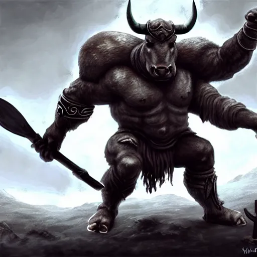 Prompt: epic bull headed minotaur beast in heavy armor made of silver and wielding giant axe, artwork, vivid colors, concept art, greek mythology, detailed, modern design, dark fantasy, digital painting, artstation, d&d