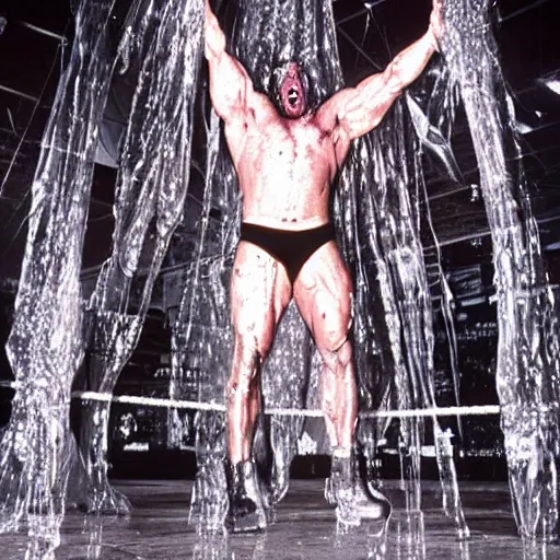 Image similar to 1 9 9 0's wwe publicity photo, a giant muscular man covered in wet reflective slime falling out of a giant cocoon hanging on the ceiling onto a cement floor, screaming in agony, group of men in black cult robes in the background, ultra - detailed, photorealistic