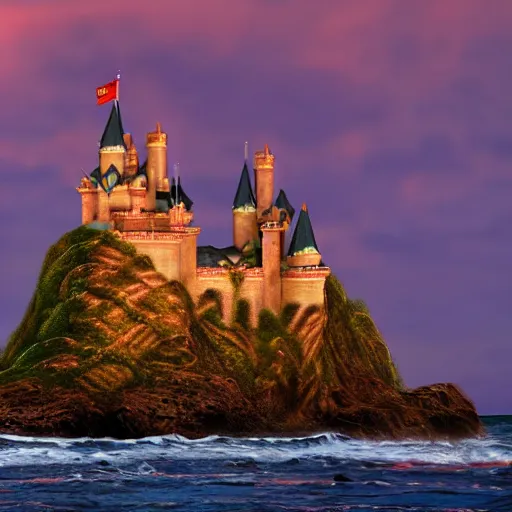 Image similar to Fantasy Castle on island surrounded by waves at sunset